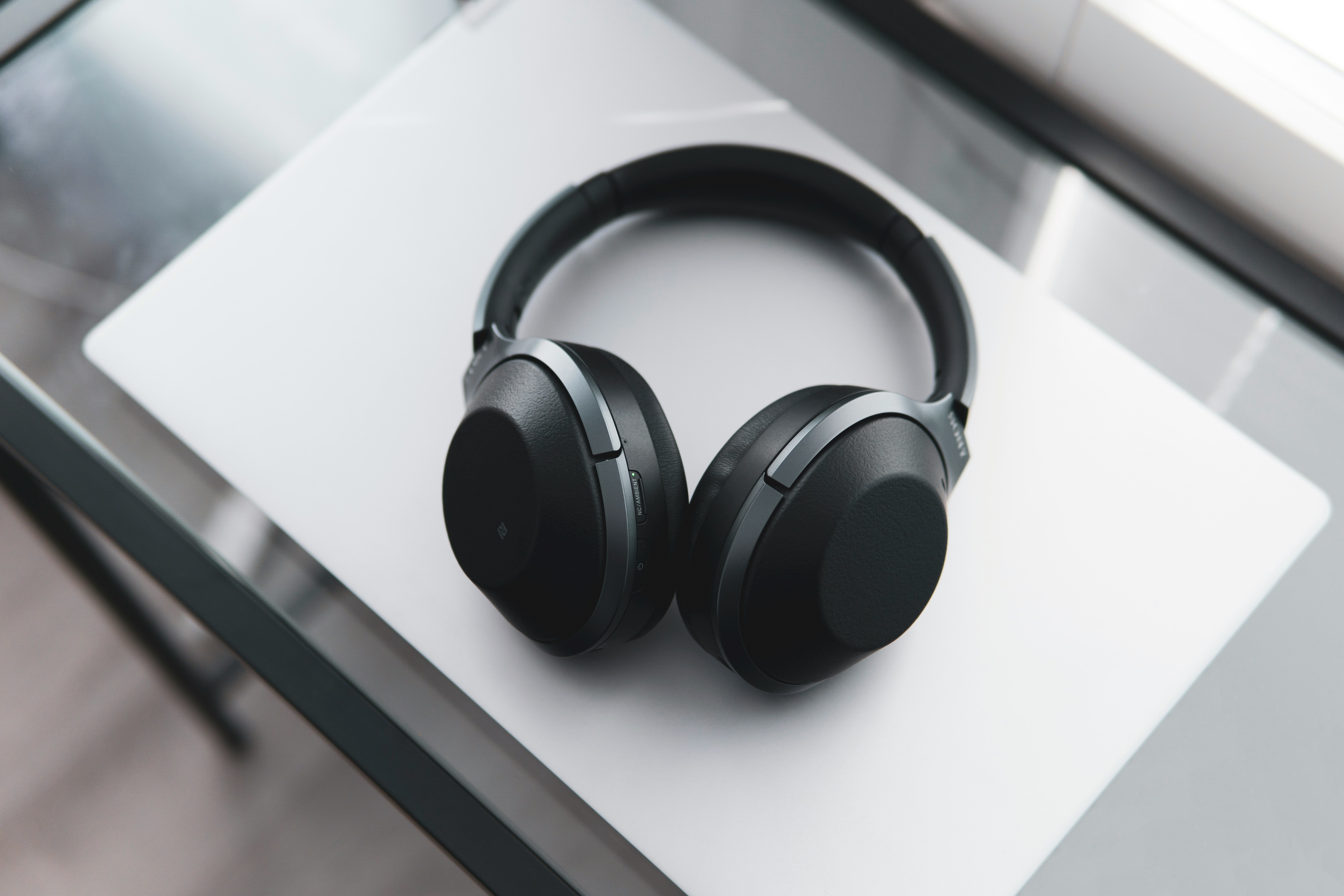 A pair of headphones on a desk